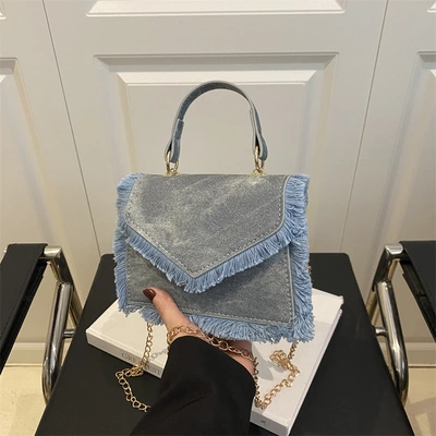2025 Casual bags, retro small bags, fringed bags, denim blue mini small bags, chain bags, handbags, crossbody bags thumbnail
