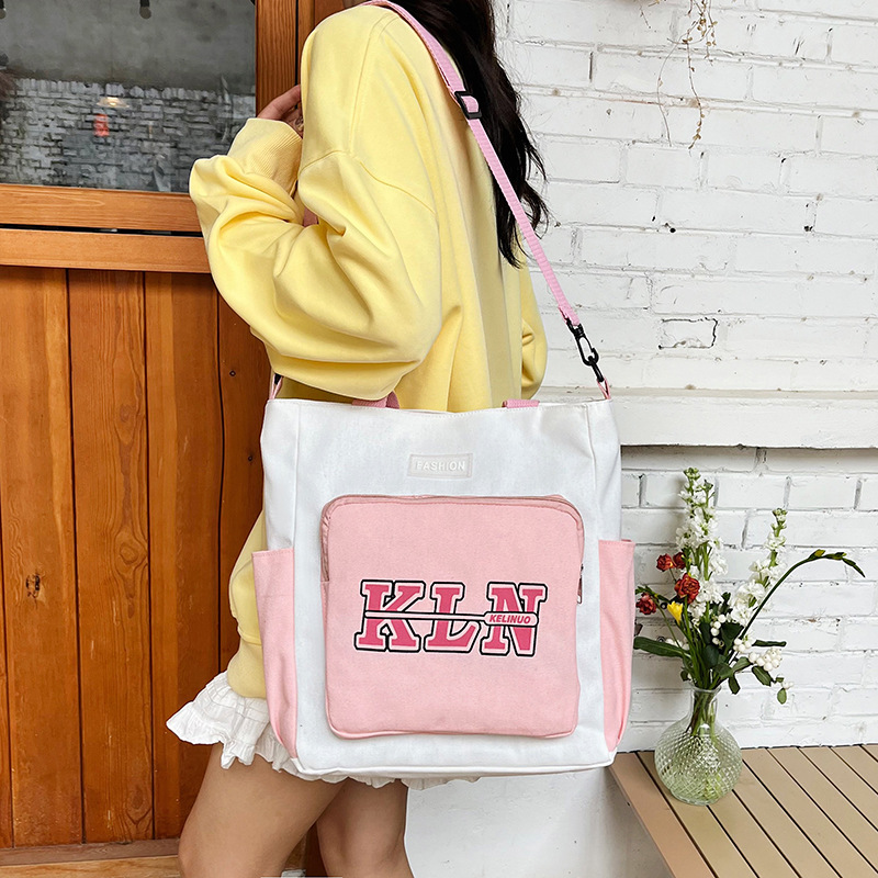 New canvas bag, women's single-shoulder large-capacity handbag, ins class student crossbody bag, versatile color-blocking tote bag details Picture