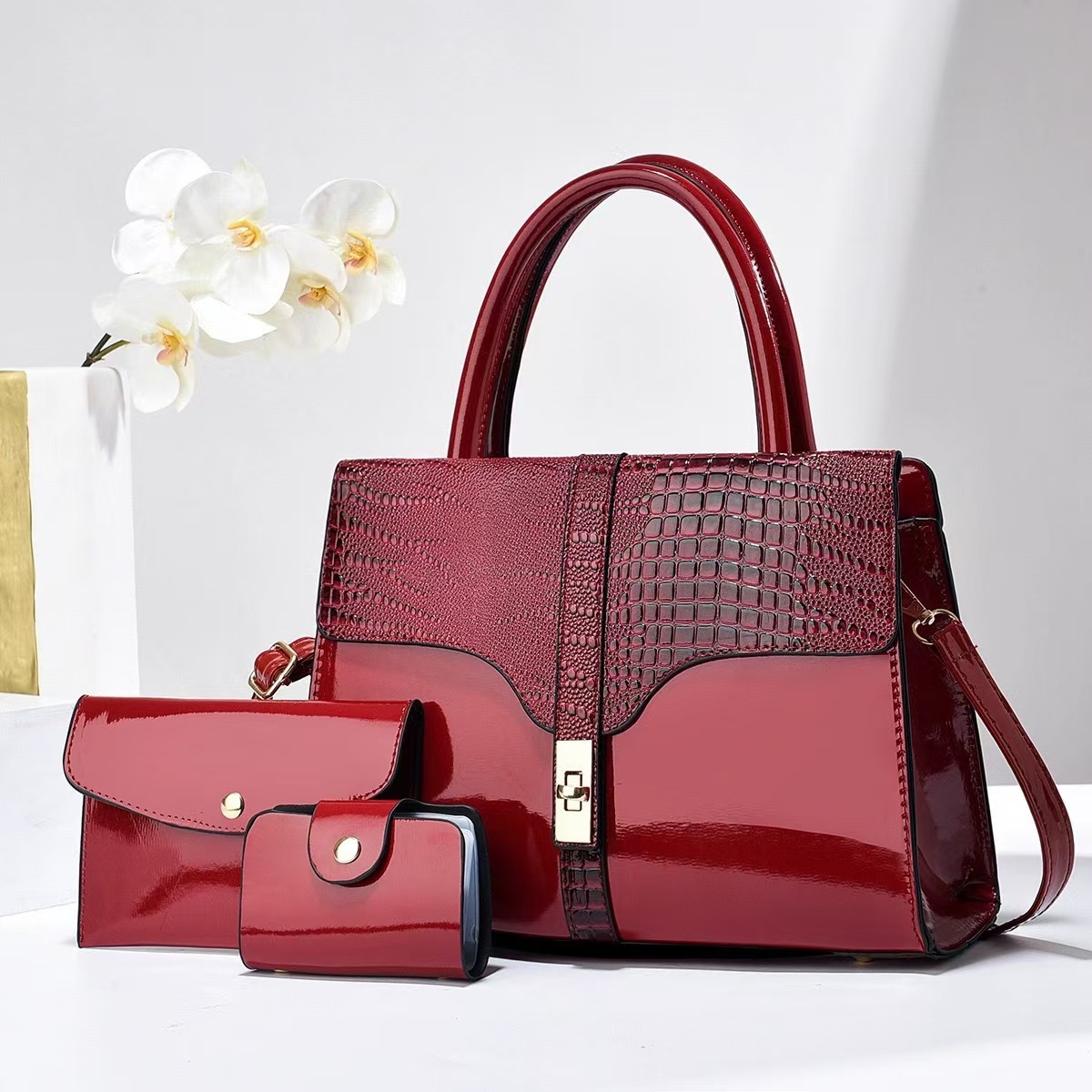 Fashionable three-piece set, large-capacity women's handbag, high-end and simple crocodile pattern, single-shoulder crossbody, trendy cross-border consignment details Picture