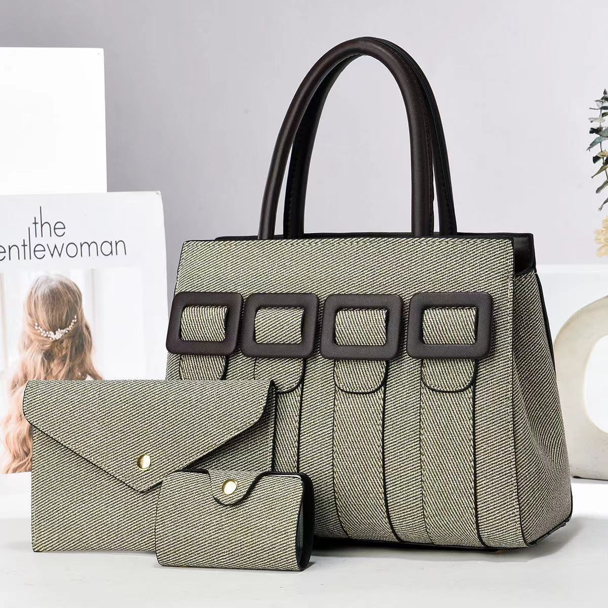 Large-capacity cross-border large bag, single-shoulder crossbody, high-quality women's buns, mother's bag, new three-piece handbag set for women, simple and elegant details Picture