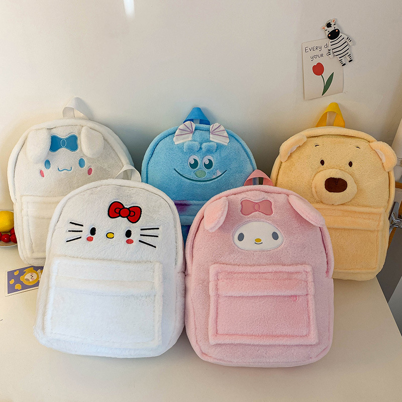 A new cartoon plush backpack for girls in 2024, featuring a cute strawberry bear, beaver and capybara, with a large capacity for class full figure