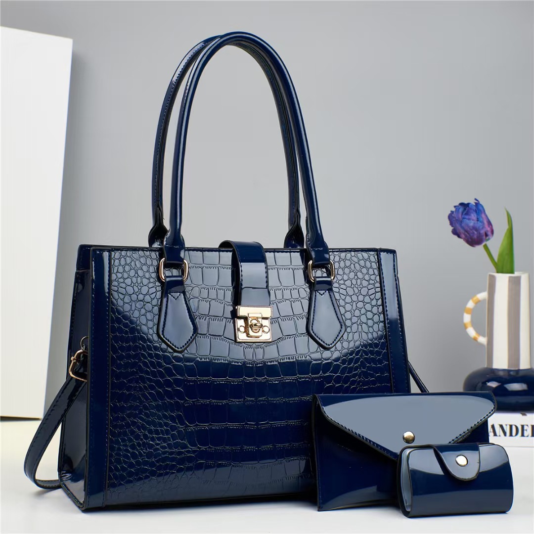 Three-piece women's bag set, a new European and American trend for foreign trade, large-capacity, practical, shiny leather, crocodile-patterned single-shoulder crossbody bag Specification drawing