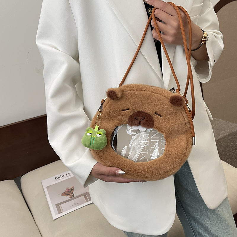 New Capibara see-through plush bag, slanted capybara small round bag, cute and girlish, large-capacity coin purse bag full figure