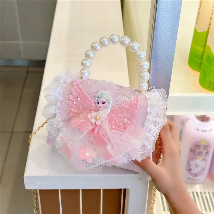 Princess and girl fashion single-shoulder Elsa Princess small bag, pearl hand-held mini chain crossbody bag for children full figure