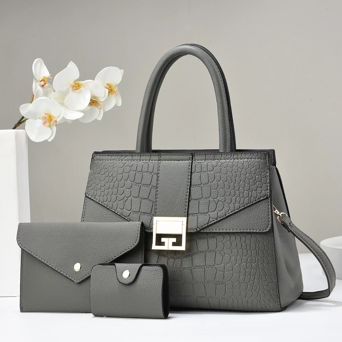 Foreign trade three-piece set: Women's bag, texture hand-held buns, mother bag, stone-patterned single-shoulder bag, large-capacity combination bag Specification drawing