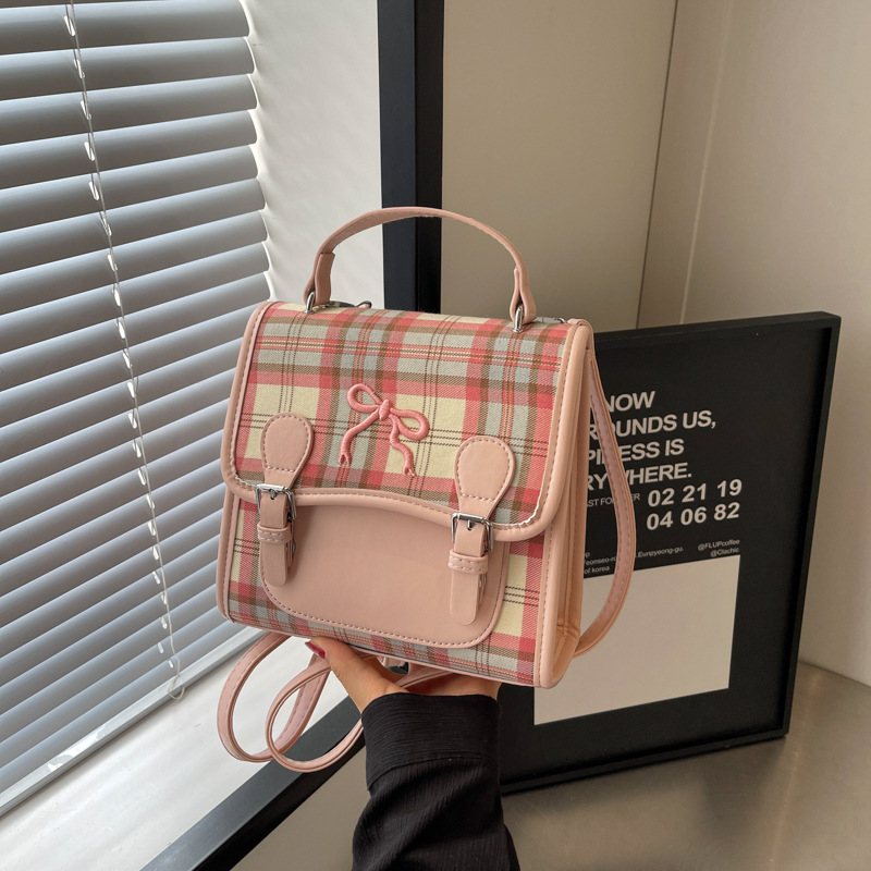 2024 New Korean-style cute girl checkered backpack, ins student small backpack, hand-held niche girl schoolbag details Picture