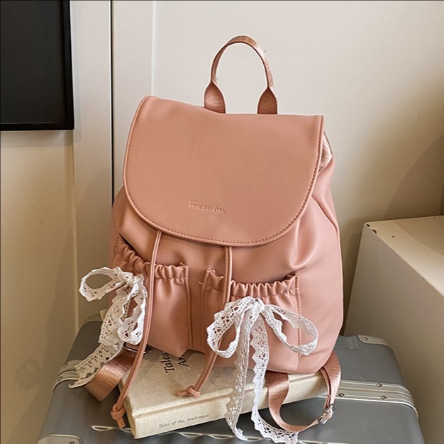 2025 New style fashionable lace bow school-style small backpack, high-end and niche design solid color backpack full figure