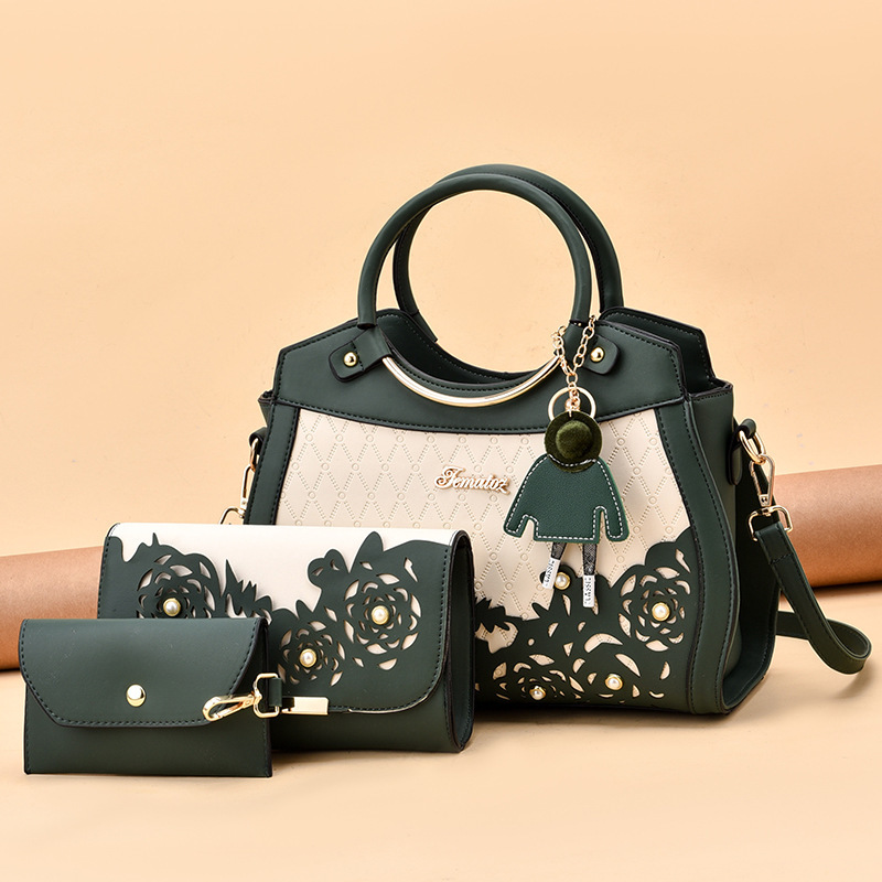 Cross-border foreign trade three-piece set mother-and-child bag 2022 New PU fashionable ethnic style hollowed-out women's bag large capacity handbag Specification drawing
