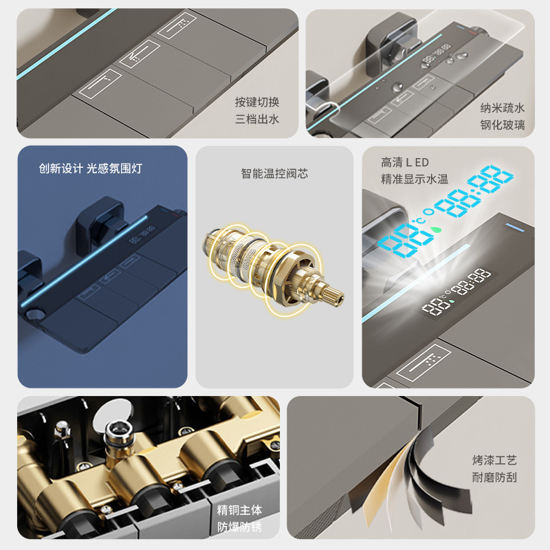 Split-type simple ceiling-free shower head set, home constant-temperature digital display bathroom, all-copper shower pressure-increasing head distribution details Picture