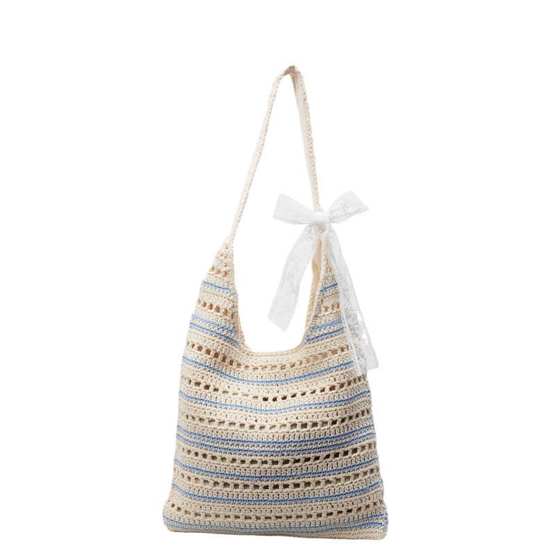 Casual large-capacity bucket bag for women 2025 summer, new knitted hollowed-out underarm bag, striped versatile commuter single-shoulder bag Item Picture