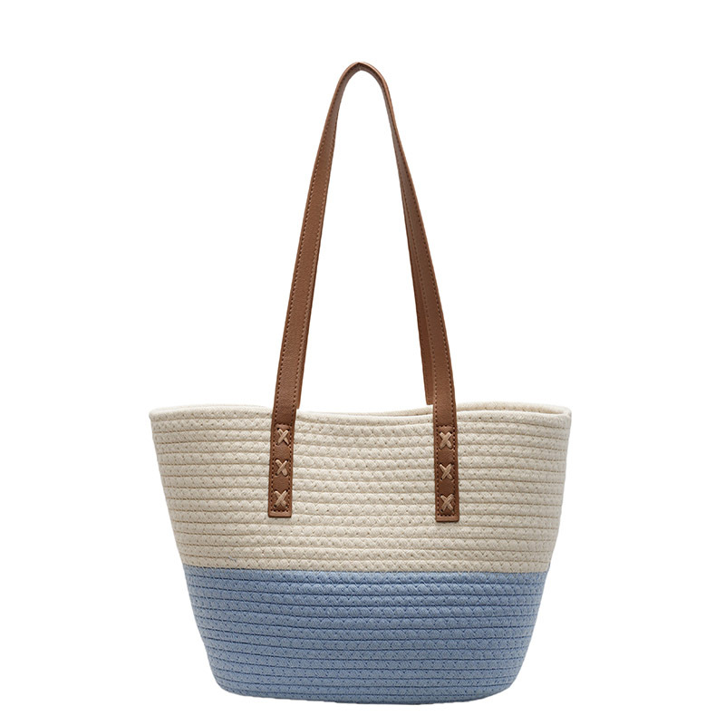Summer seaside beach large bag for women 2025 New trendy and fashionable color-blocking single-shoulder bag with large capacity cotton rope tote bag Item Picture