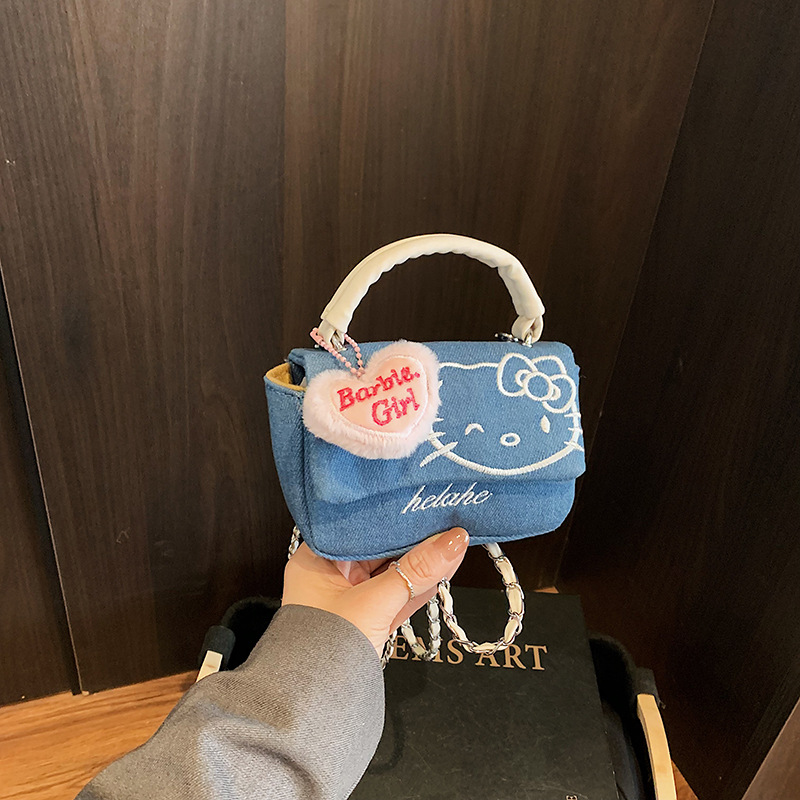 hellokitty denim hand-held women's bag, Korean embroidered thread little Chanel-style cartoon cute girl bag, children's crossbody bag details Picture