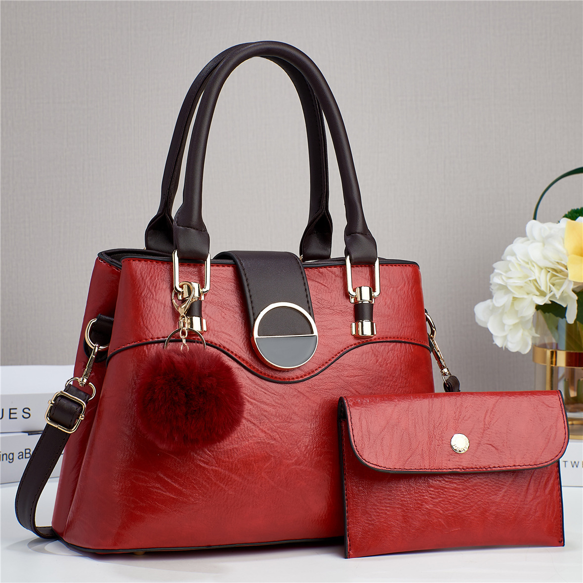 Cross-border spliced mother-and-child bag 2024 new style retro material simple solid color large-capacity single-shoulder hand-carry women's bag, texture bag Specification drawing