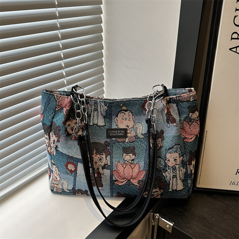 New national trend embroidered canvas bag, ins large-capacity hand-held mommy tote bag, cute Korean single-shoulder student class bag full figure