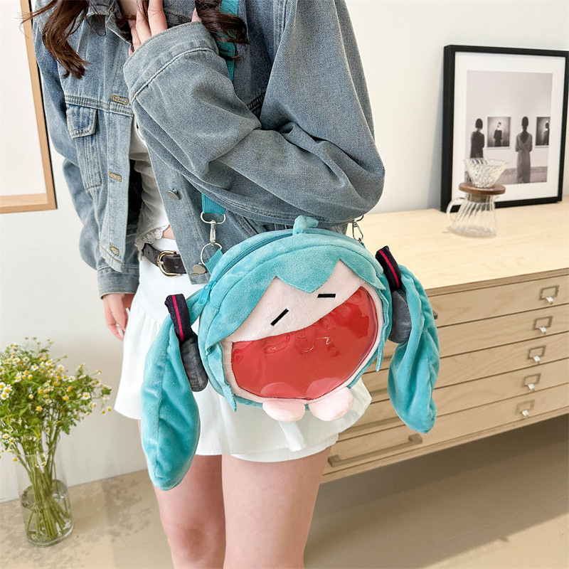 New cartoon Hatsune Miku pain bag, new trendy plush wide-mouthed single-shoulder bag, 2D girl crossbody bag Specification drawing