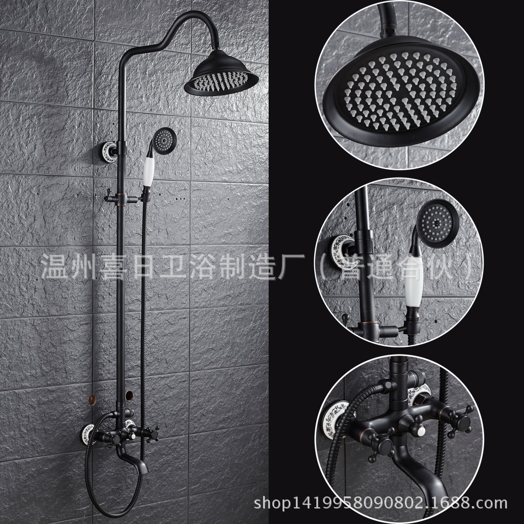 Blue and white porcelain black bronze shower head set, European retro double-handle mixed water shower faucet with lifting rod details Picture
