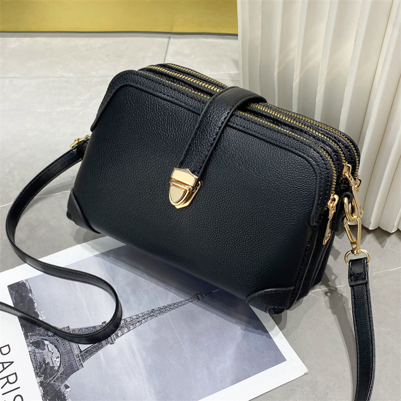 2023 New solid-color multi-layer spliced soft leather large-capacity single-shoulder crossbody simple cross-border women's small bag details Picture