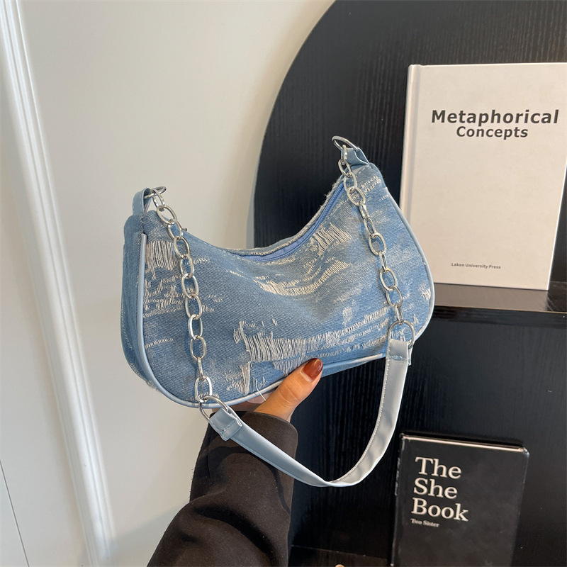 Denim underarm bag for women 2023 new style small shoulder bag, retro large capacity chain shoulder bag, lightweight canvas bag full figure