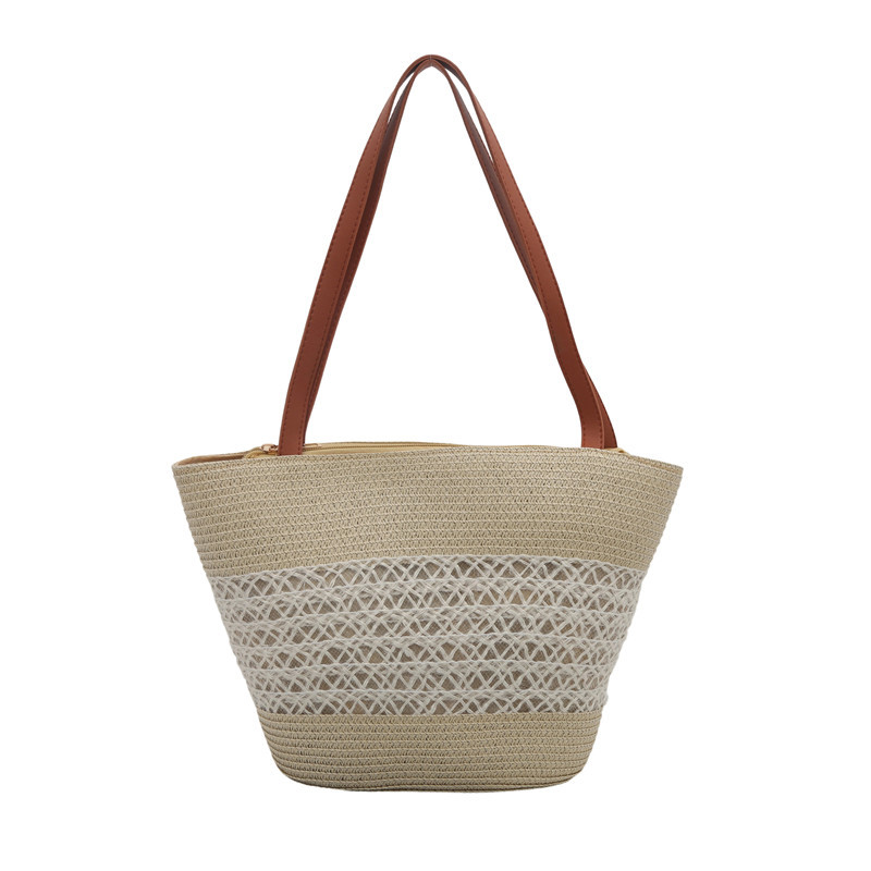 Seaside vacation beach bag for women 2025 New style contrasting color woven single-shoulder bag, large capacity underarm straw woven bucket bag Item Picture