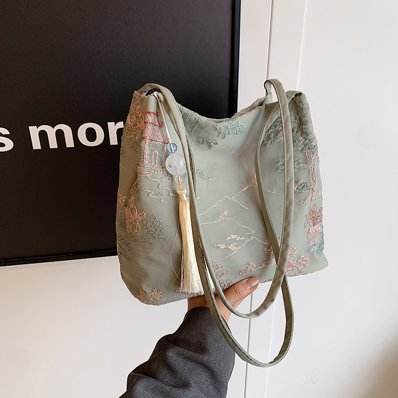 New Chinese-style crossbody bag for women, 2024 new trendy casual and fashionable single-shoulder bag, fabric bag, popular bucket bag Specification drawing