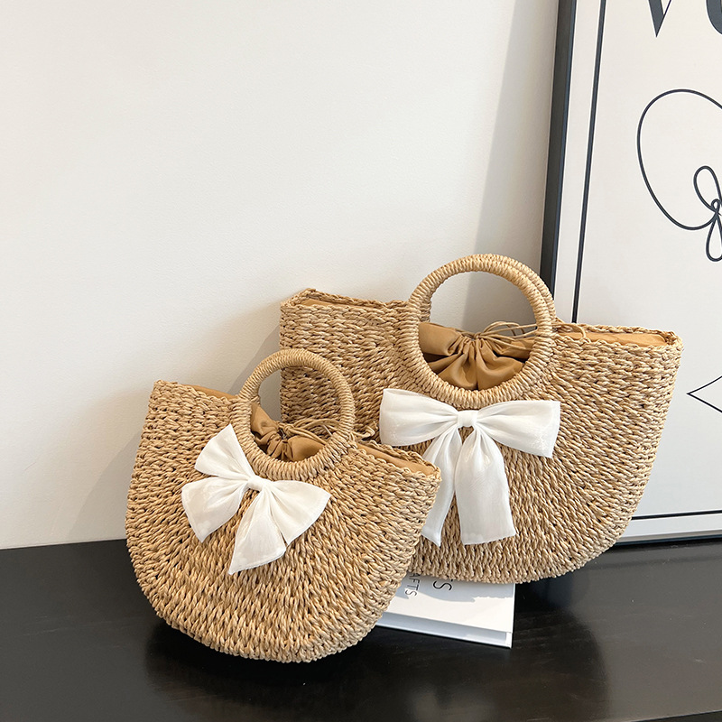 Simple and versatile semi-circular straw woven bag, new large-capacity woven bag, vacation-style beach bag, hand-carried vegetable basket Specification drawing