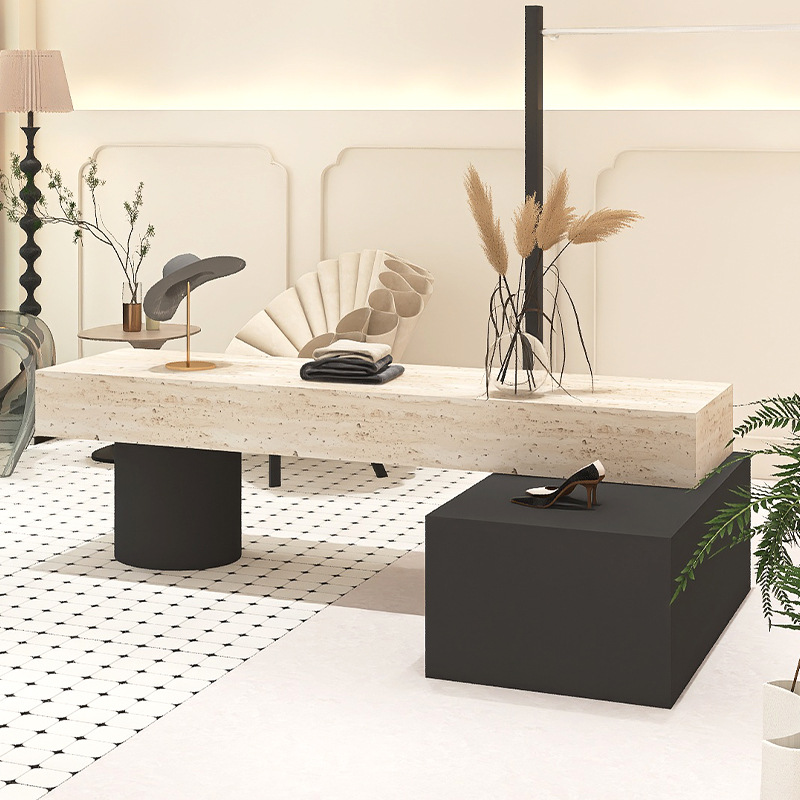 In the clothing store, there are island tables, cave stone tables, simple women's clothing stores, shoe, bag and accessory displays, eco-friendly flow tables, and display tables full figure