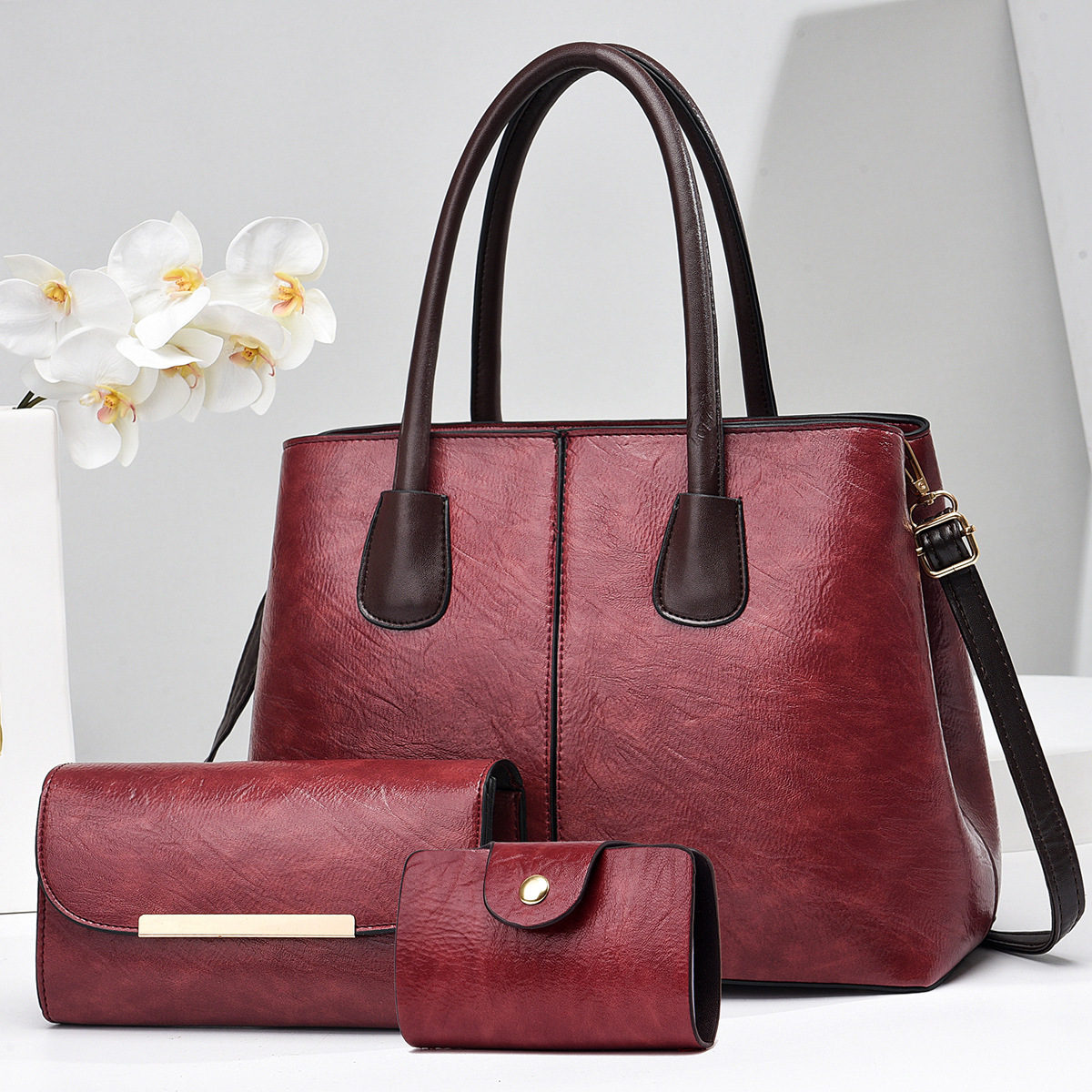 2024 New color contrast retro set, large capacity three-piece set, fashionable single-shoulder crossbody bag, hand-held women, large patchwork Specification drawing