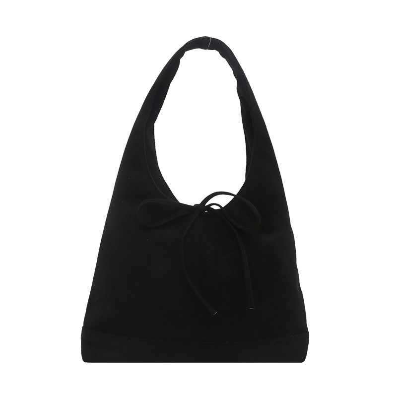 Korean-style niche style lace-up fashionable casual retro suede velvet commuting single-shoulder underarm bow tote bag, trendy Item Picture