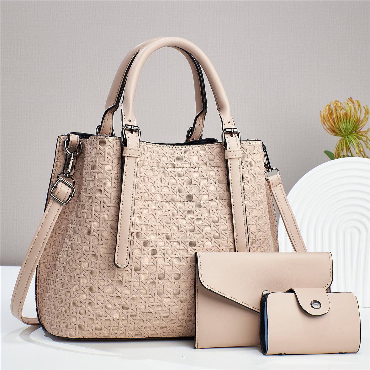 2023 new three-piece set, diamond-patterned multi-purpose texture, large-capacity cross-border single-shoulder crossbody solid color women's bag details Picture