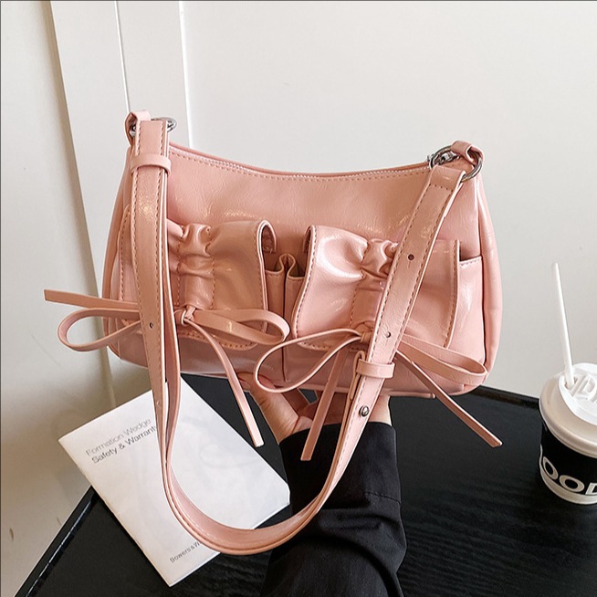 Cross-border fashion bow underarm bag for women, 2025 new versatile solid color single-shoulder bag, multi-pocket trendy crossbody bag full figure