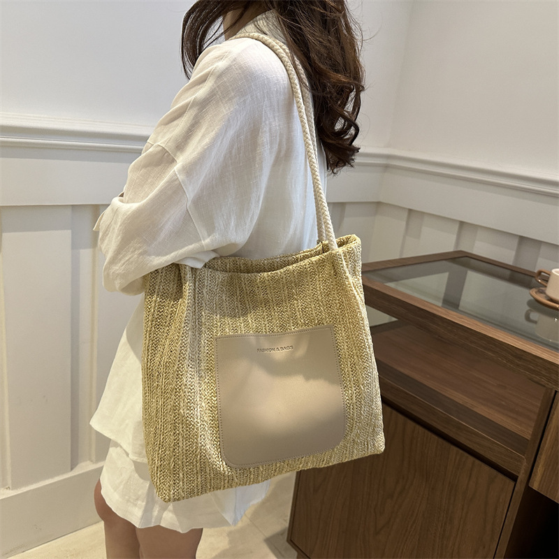 Summer spliced large-capacity woven straw bag, new women's texture, relaxed single-shoulder beach vacation bag Specification drawing