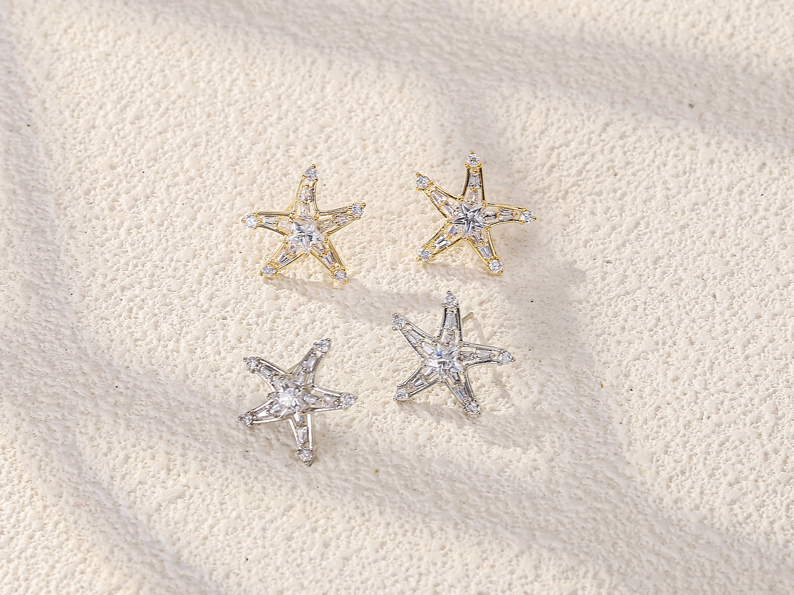 Xuhui brand exquisite and light luxury copper plated with real gold and zirconia 925 silver needle starfish stud earrings, fashionable and elegant Item Picture
