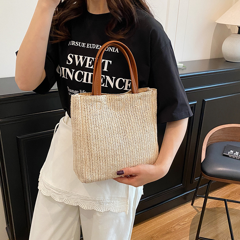 2025 New summer color-blocking versatile hand-woven bag, large-capacity simple handbag, straw woven bag, tote bag Specification drawing