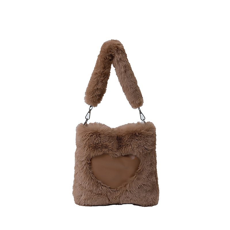 Fashionable heart bag, plush handbag, women's 2024 new style casual furry bag, large-capacity single-shoulder crossbody bag, trendy Item Picture