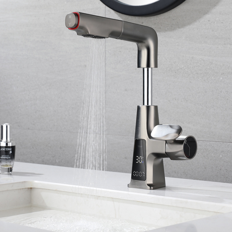 Digital display rotating lift pull-out hot and cold water faucet washbasin, household gun gray bathroom popular washbasin full figure