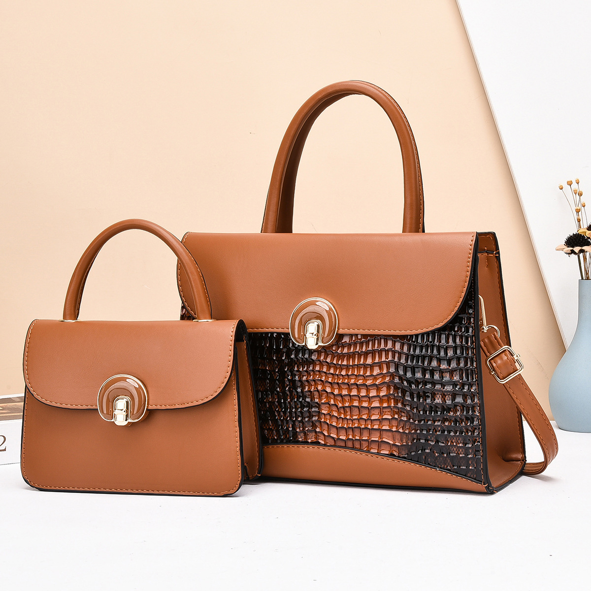 Crocodile pattern two-piece set mother and child bag 2024 Cross-border new fashion women's single-shoulder crossbody large capacity hand-held women's bag Specification drawing