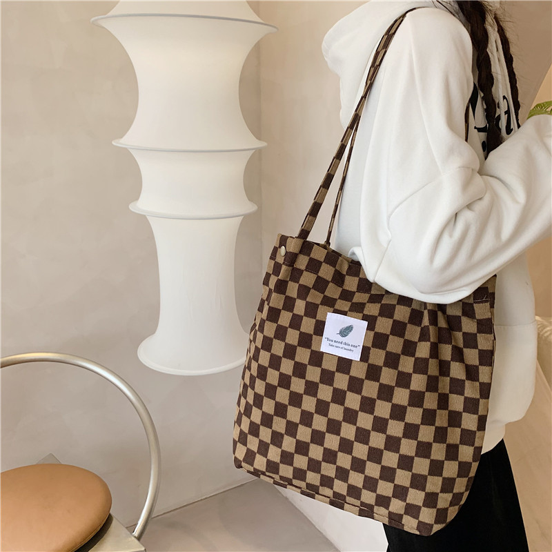 012174 Retro corduroy checkered single-shoulder tote bag, female student class canvas bag, simple hand-held cloth bag details Picture