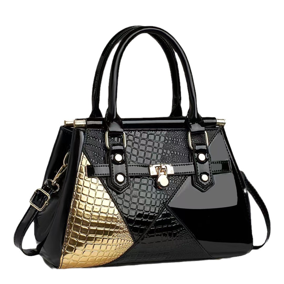 The manufacturer's 2023 new style of patchwork crossbody bag for foreign trade women is a versatile mom bag and a fashionable hand-held shiny leather single-shoulder bag Item Picture