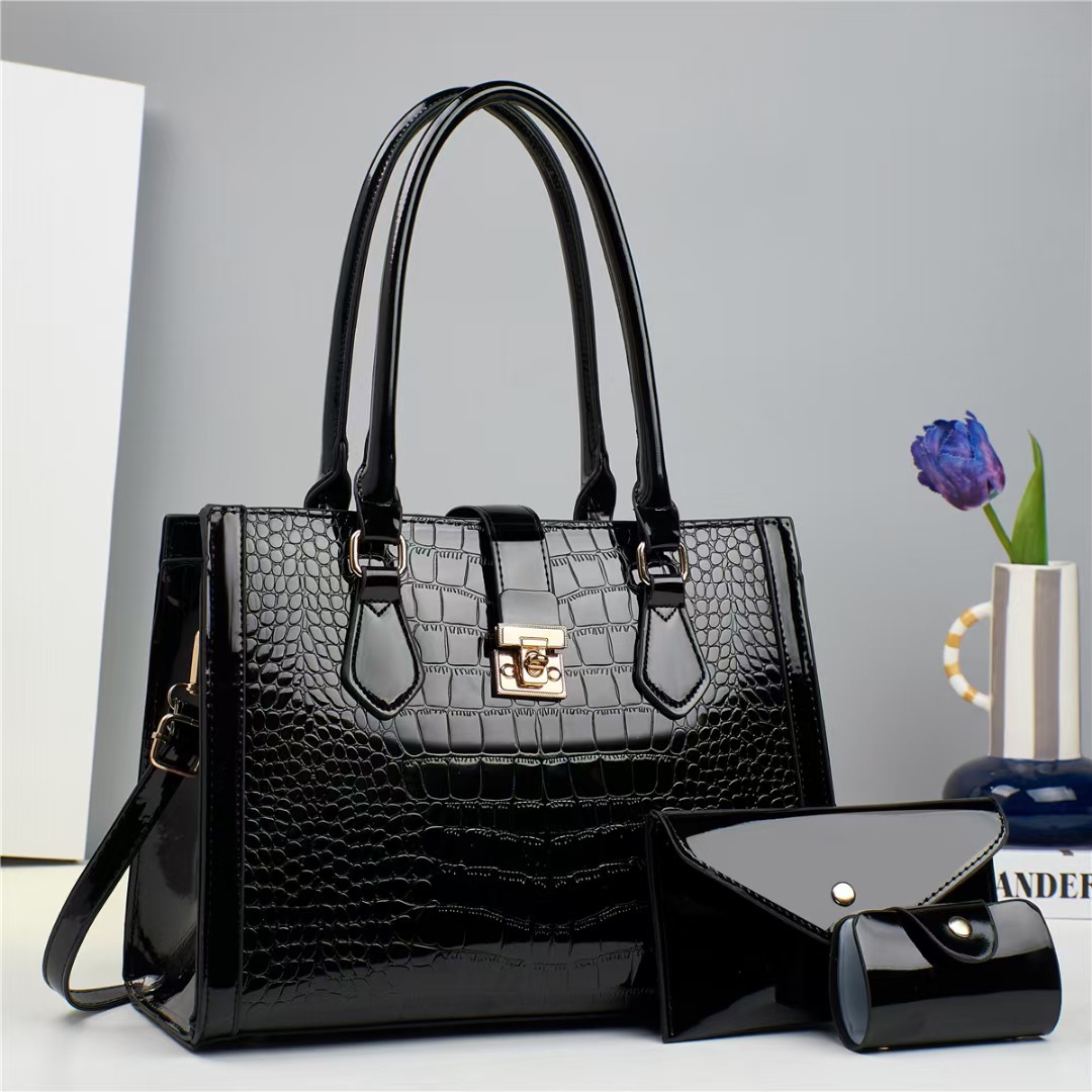 Three-piece women's bag set, a new European and American trend for foreign trade, large-capacity, practical, shiny leather, crocodile-patterned single-shoulder crossbody bag full figure