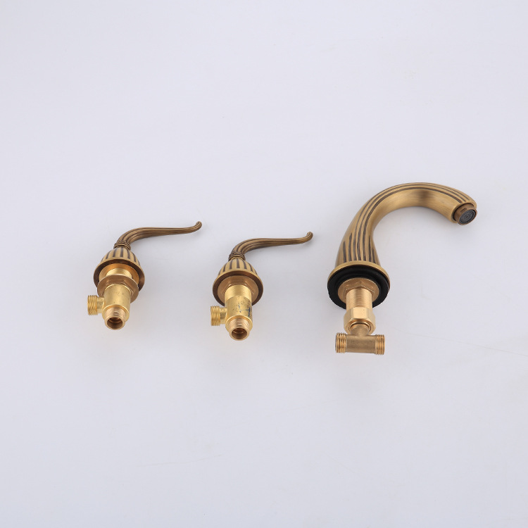 European-style antique copper washbasin mixed water split three-hole faucet washbasin three-piece set faucet all-copper bathroom faucet Item Picture