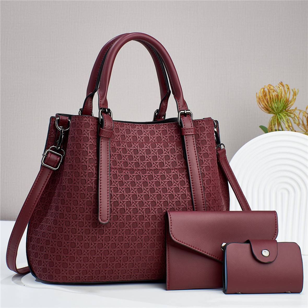 2023 new three-piece set, diamond-patterned multi-purpose texture, large-capacity cross-border single-shoulder crossbody solid color women's bag Specification drawing