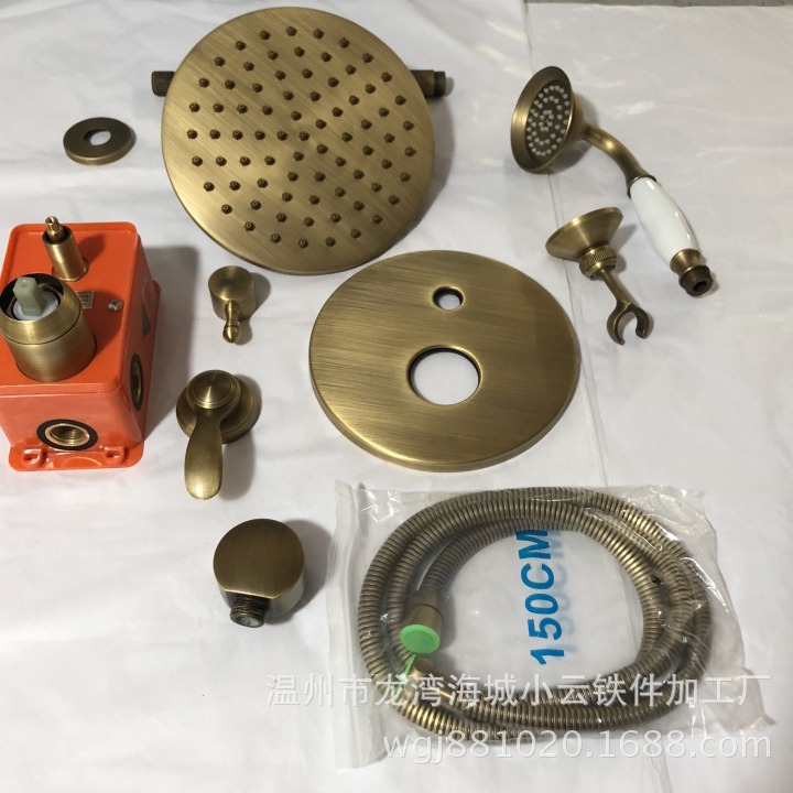 Showerhead set, mixing valve, faucet, shower, antique hanging rod, spray, pre-embedded wall pipe, retro copper and black copper split details Picture