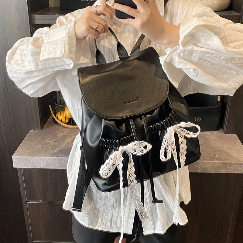 2025 New style fashionable lace bow school-style small backpack, high-end and niche design solid color backpack details Picture
