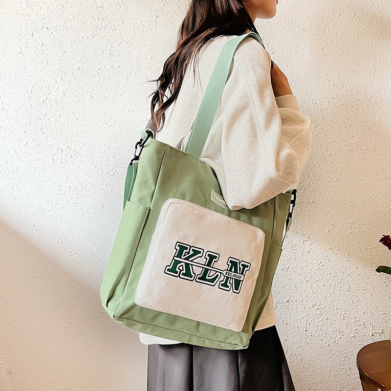 New canvas bag, women's single-shoulder large-capacity handbag, ins class student crossbody bag, versatile color-blocking tote bag Specification drawing