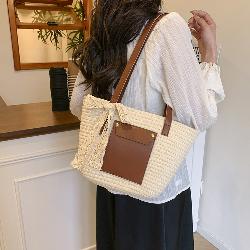 Summer woven bag for Women 2025 New Style, trendy vacation style straw woven bag, large capacity hand-held tote bag, vegetable basket bag details Picture