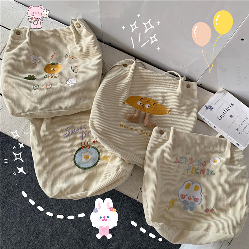 19242 Japanese, Korean, forest style corduroy cute embroidered single-shoulder bag, student schoolbag, artistic hand-held cloth bag for girls full figure