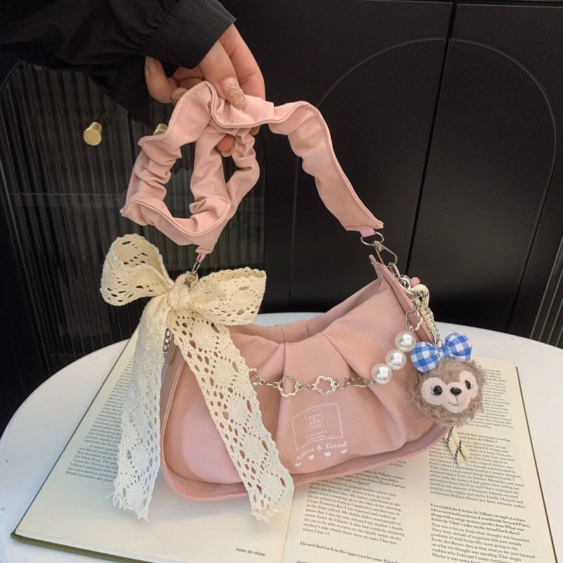 2025 New pleated bow women's single-shoulder bag, versatile and fashionable chain bag, commuting single-shoulder crossbody bag full figure