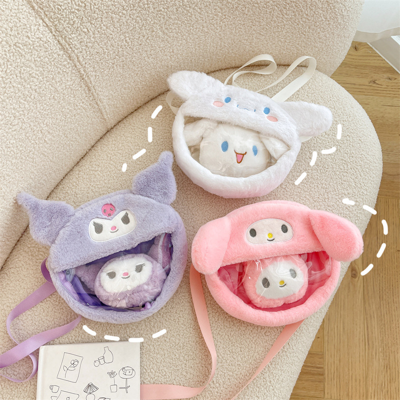 New Cartoon Kuromi transparent bag, fashionable Melody plush doll, single-shoulder crossbody cinnamon dog plush bag full figure
