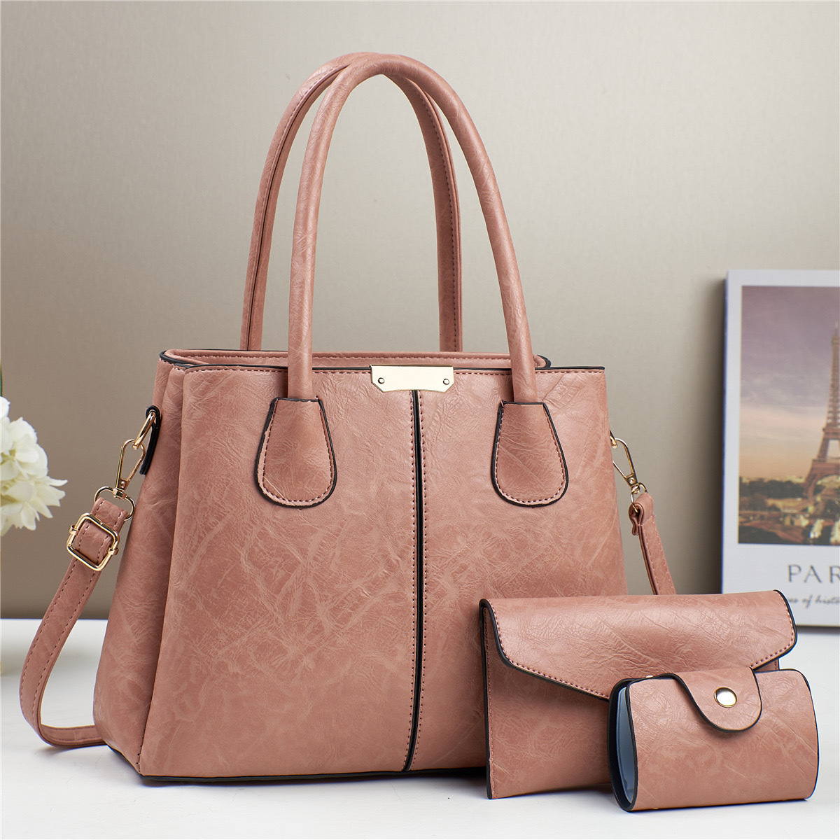 New retro pattern cross-border color-blocking print three-piece women's bag set, large capacity, stylish texture, single-shoulder crossbody details Picture