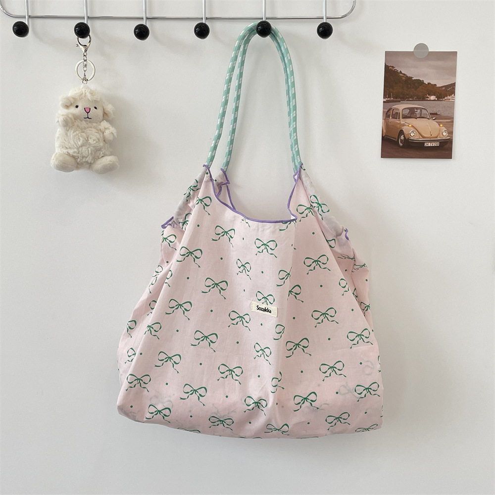 35243 Summer large-capacity hand-held single-shoulder bag, drawstring shopping bag, fresh bow tote bag, underarm bag details Picture